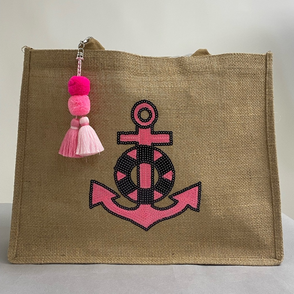 Pink Sequin Anchor Beach Tote Bag with Tassel
